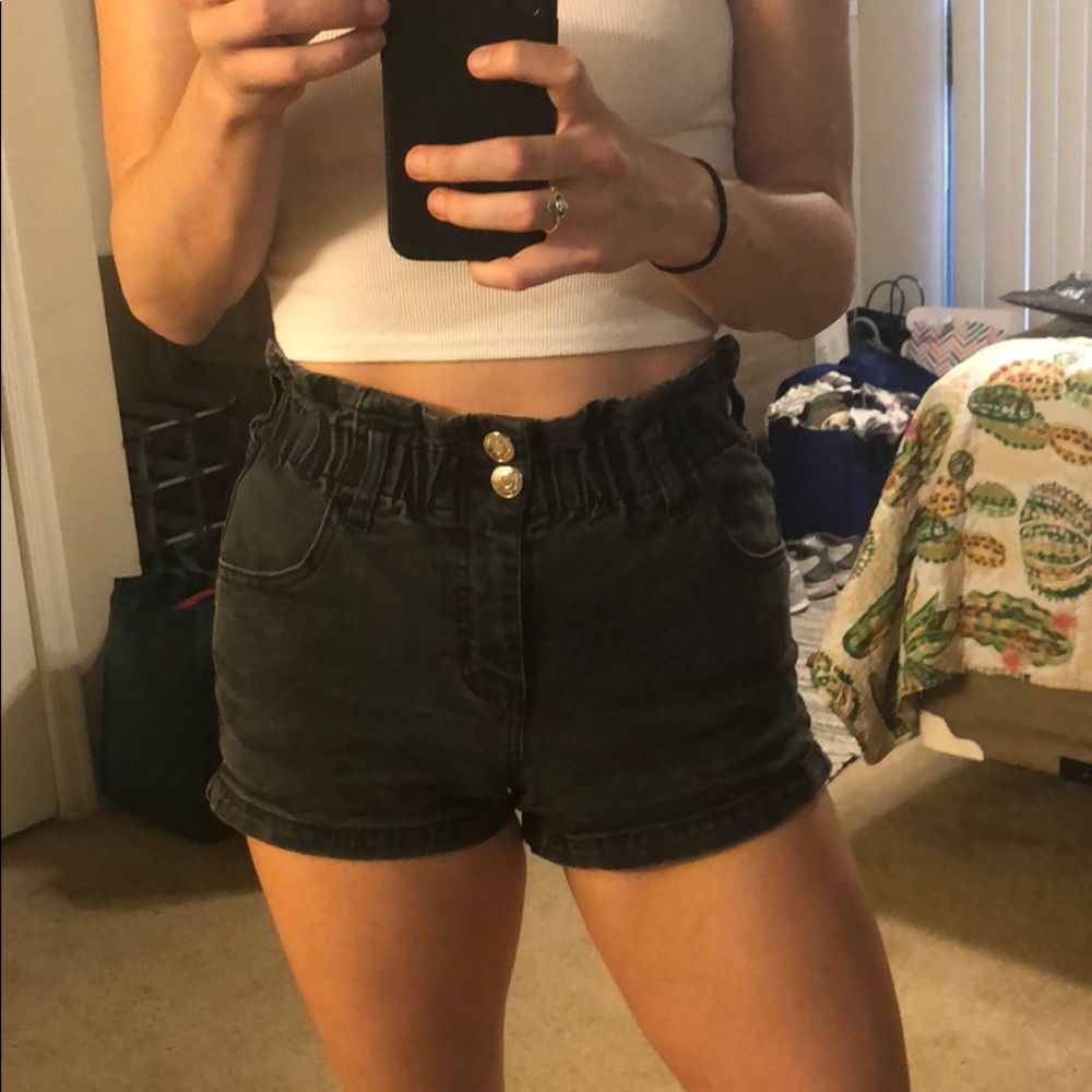 Paper Bag High-Waist Black Denim Shorts